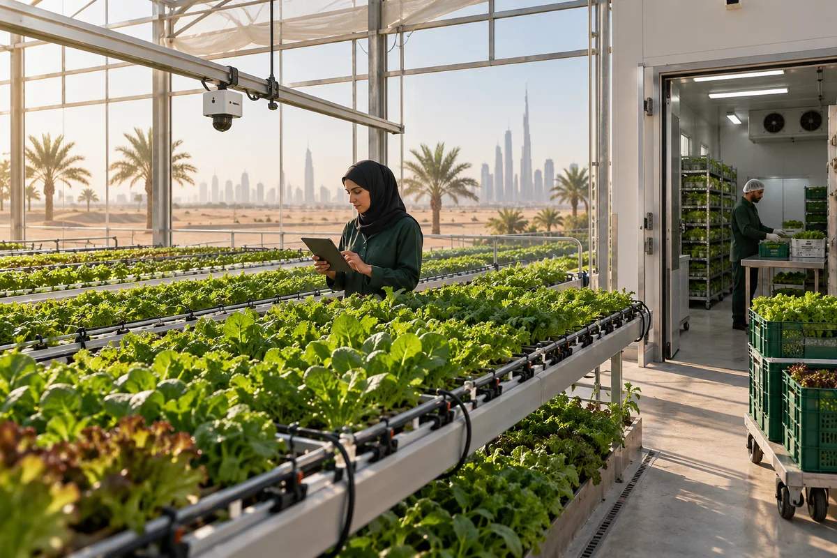 AI-generated desert greenhouse with drip irrigation, crop-monitoring equipment and harvest crates.