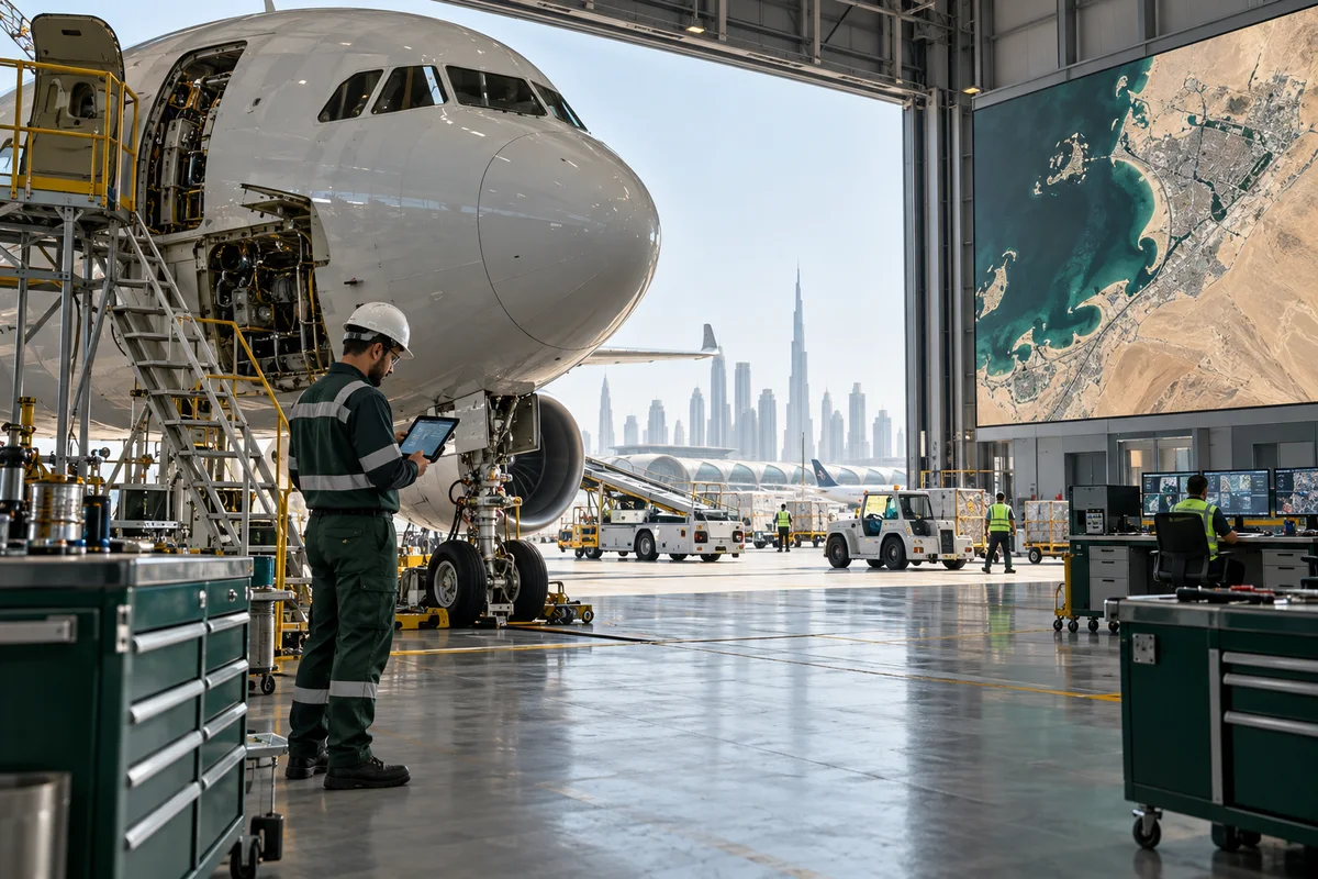 AI-generated aircraft hangar with a maintenance technician, ground-service vehicles and a conceptual satellite coastline view.