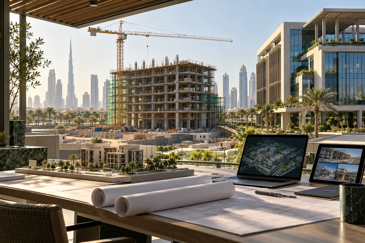 AI-generated construction planning workspace with project drawings, a building model and a site under development.