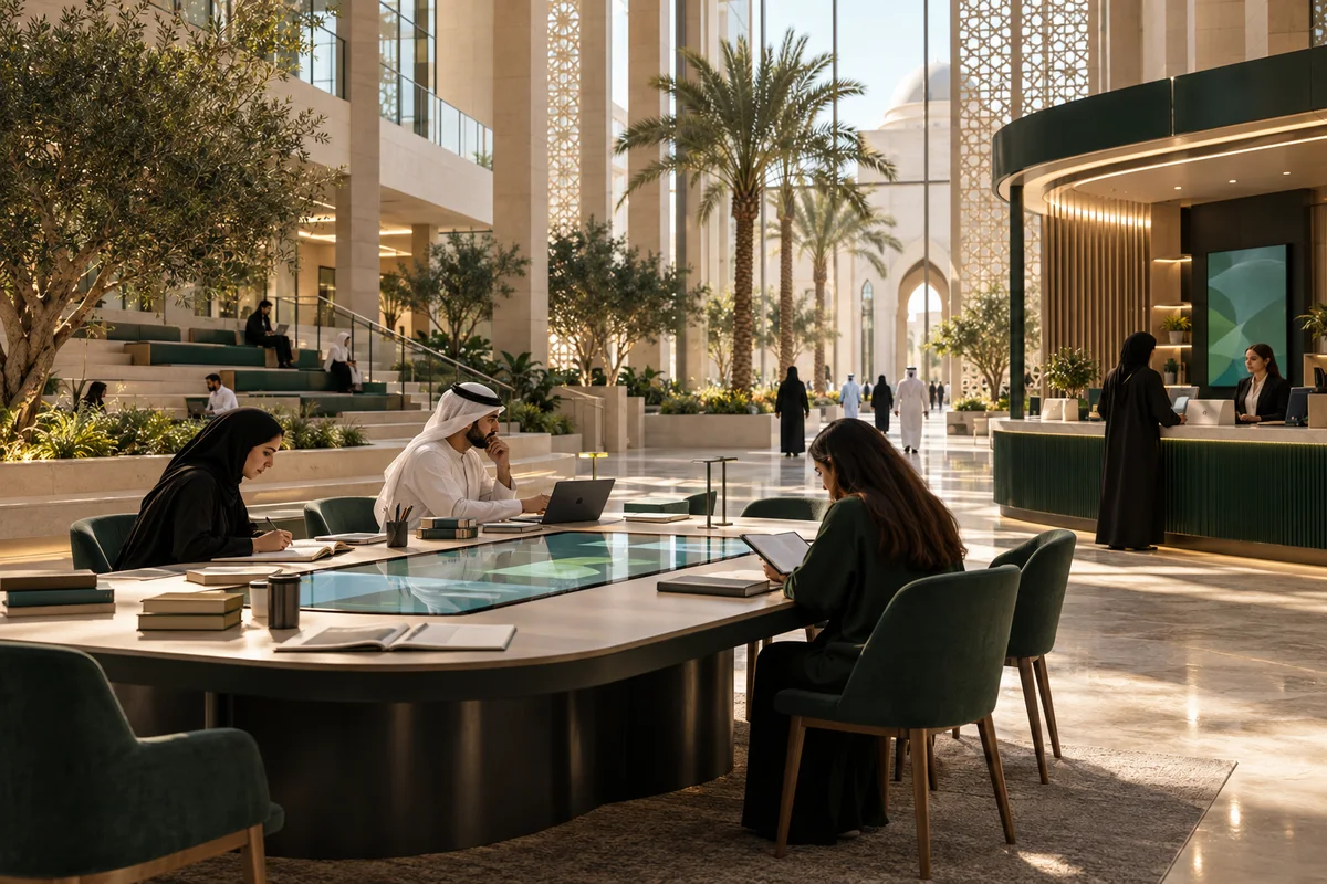 AI-generated university learning commons with adult learners, teaching materials and a campus service desk.