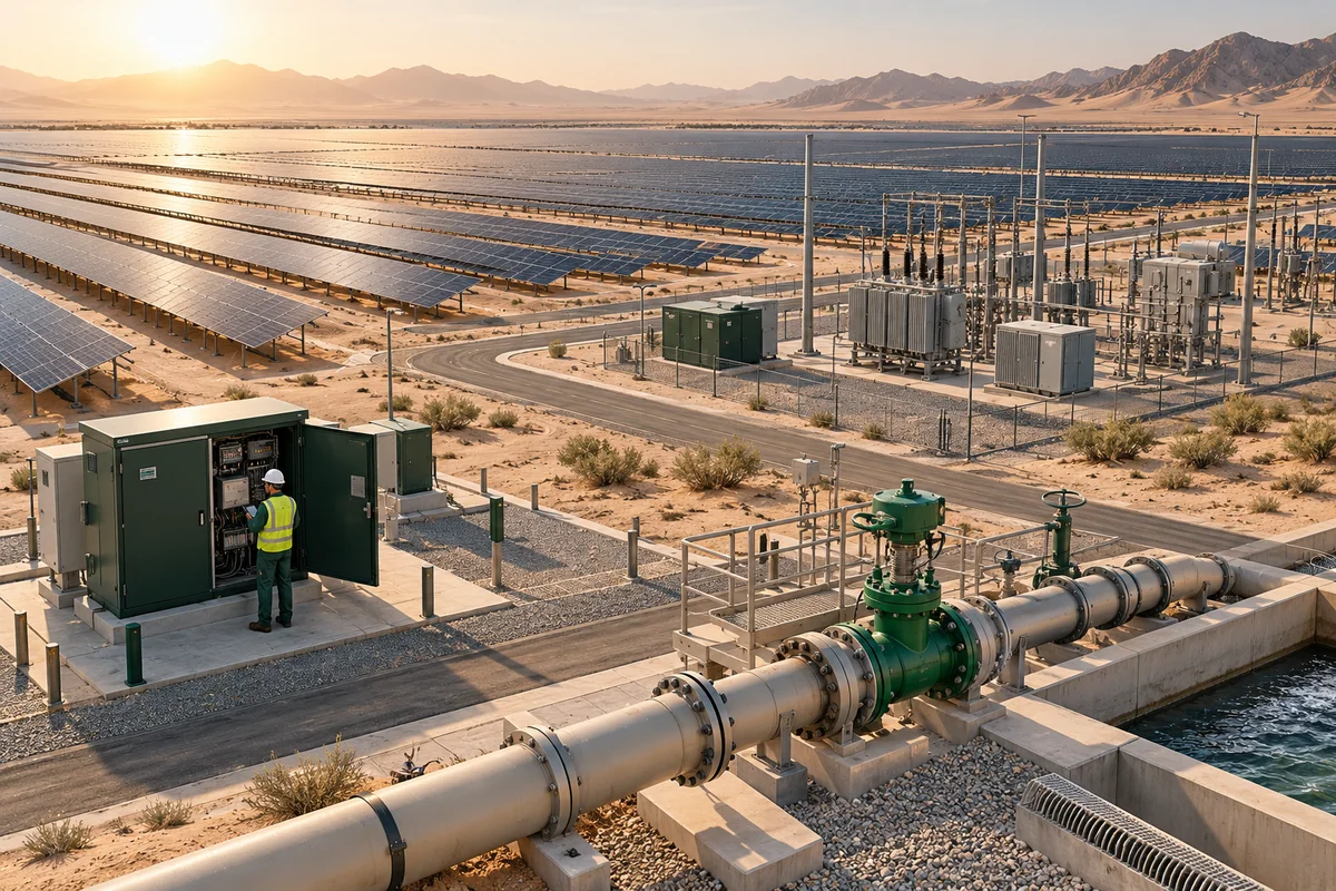 AI-generated desert solar facility with a maintenance engineer, an electrical substation and water-pipeline controls.