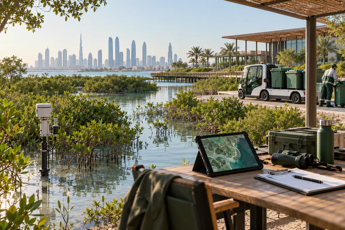 AI-generated mangrove reserve with a water-quality sensor, waste-collection vehicle and environmental reporting workspace.