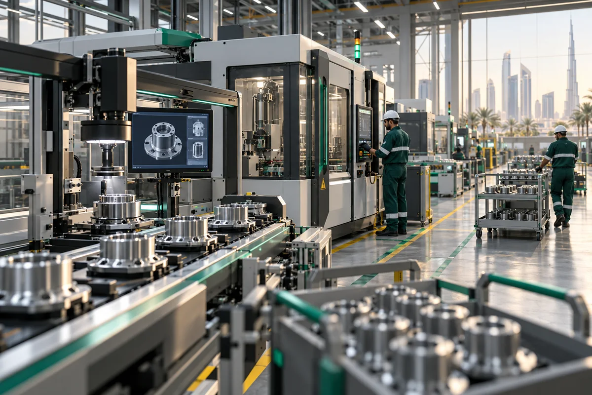 AI-generated factory with camera-based component inspection, monitored machinery and organised production carts.