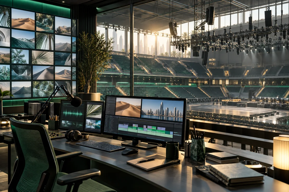AI-generated media control room with an editing workstation, an archive display and an indoor event arena.
