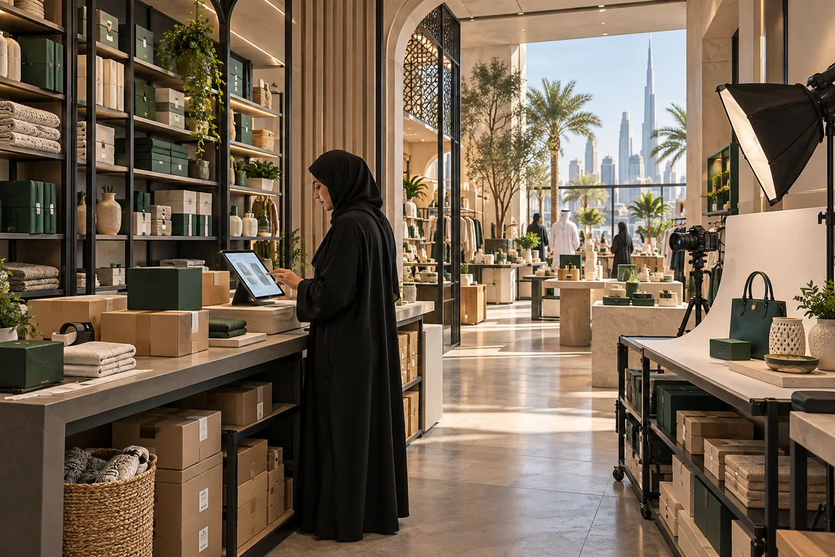 AI-generated retail workspace with stocked shelves, a shopping-assistance tablet and a product photography station.