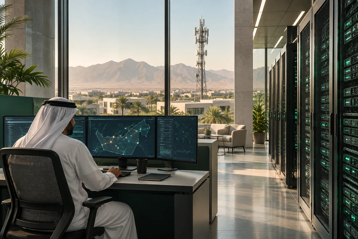 AI-generated telecom operations room with network-monitoring screens, server racks and a communications mast.