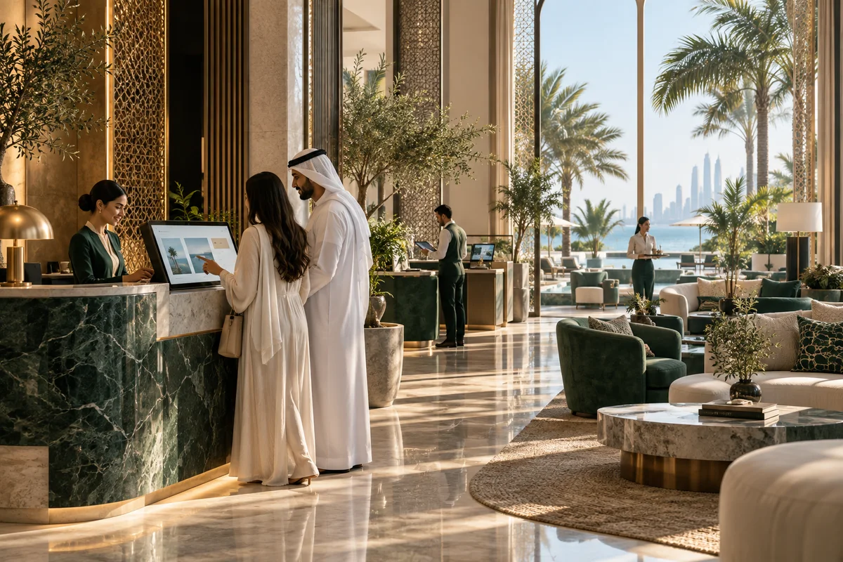 AI-generated coastal hotel lobby with a guest-assistance screen, concierge workspace and prepared lounge areas.
