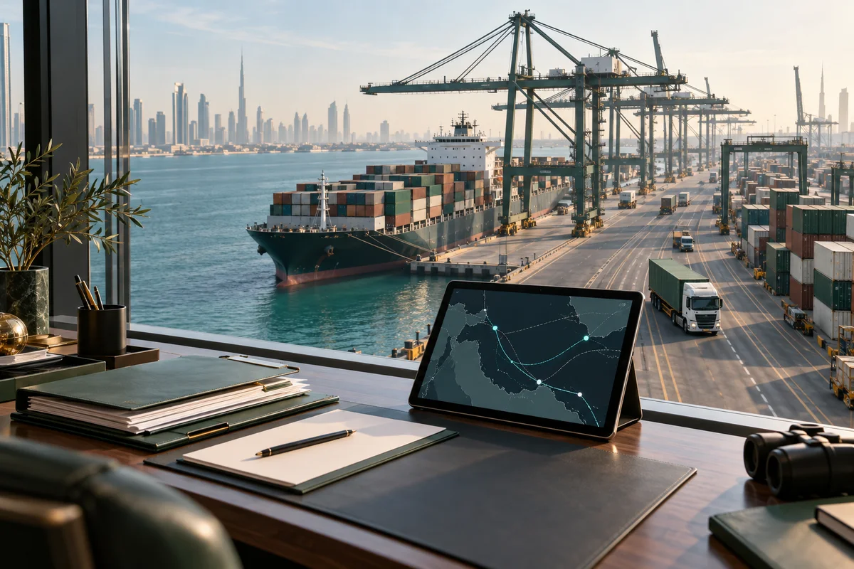 AI-generated maritime logistics hub with a container ship, road transport, shipping documents and a route-planning tablet.